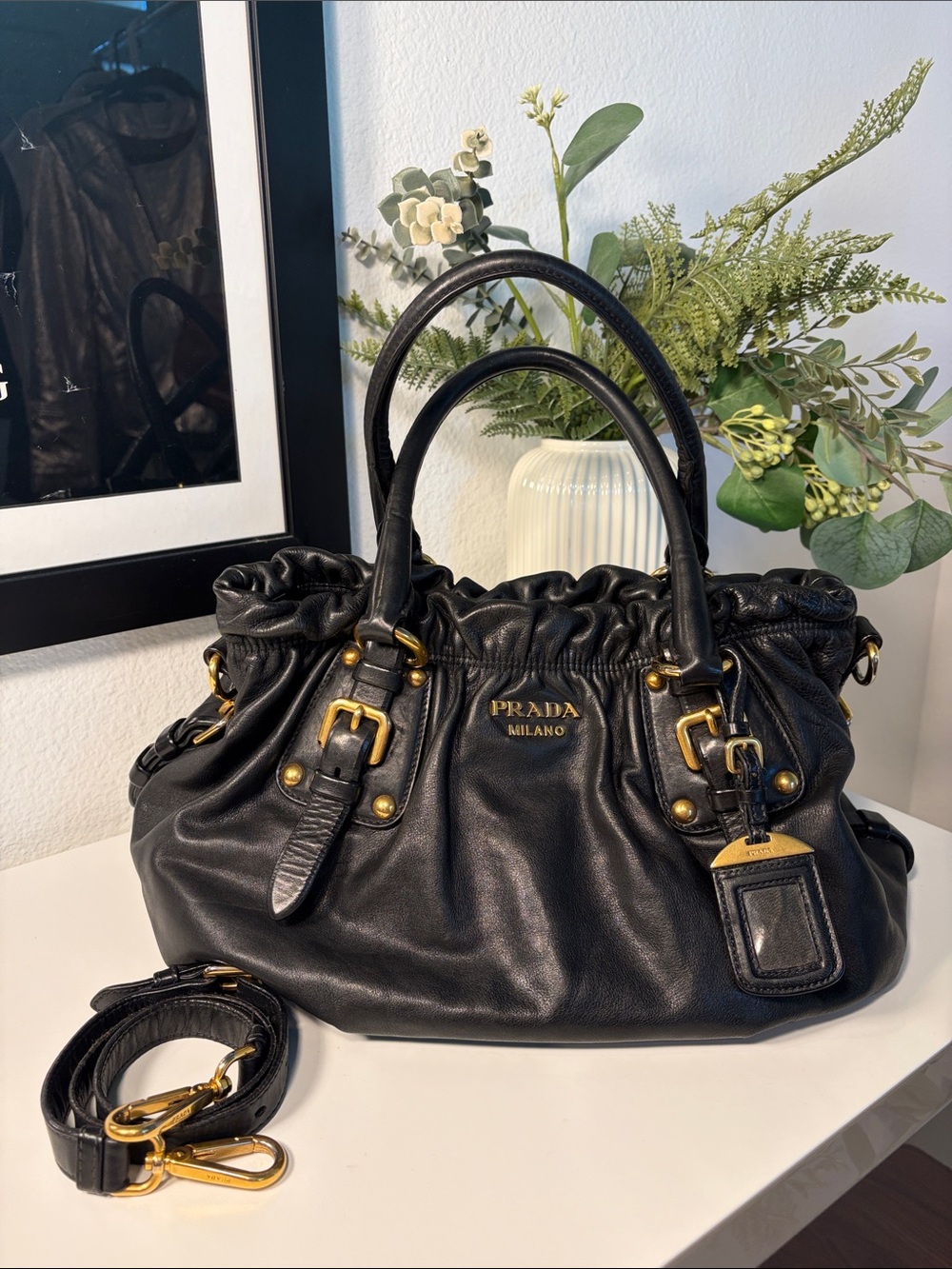 PRADA Vitello Soft Calfskin Leather Shopper Satchel w/COA